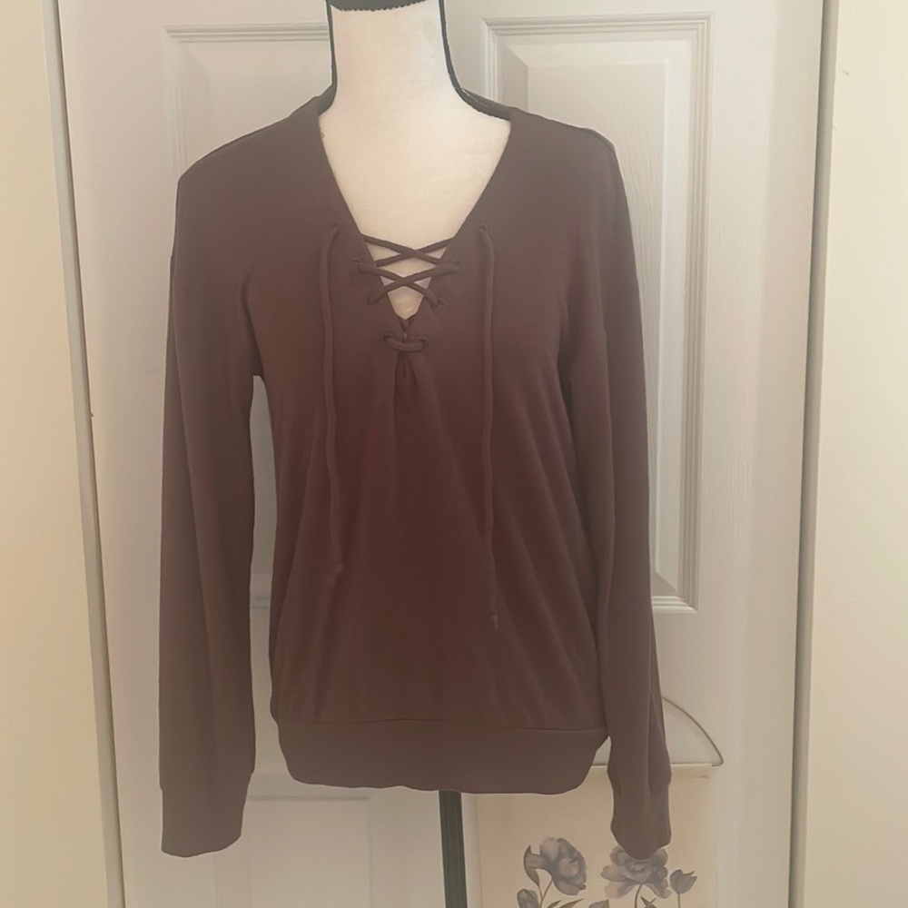 Aritzia Wilfred Free Lace Up Brown Antonova Knit Top